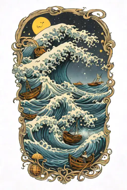 Tsnumani Wave Against The Night Sky Destryoing Boats