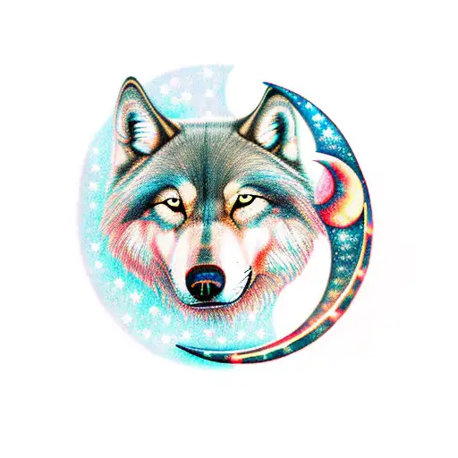 A Celestial Wolf And Dog Playing Under A Crescent Moon By A Serene Lake