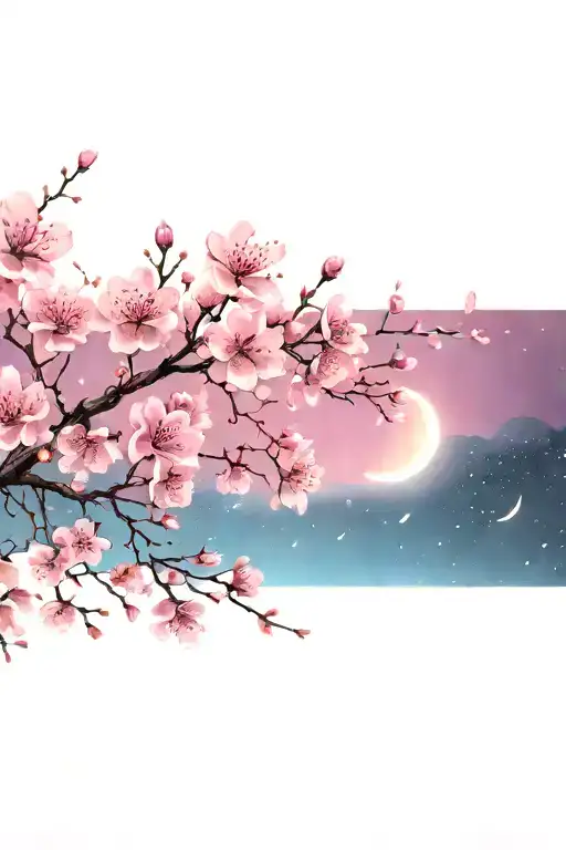 Pink Cherry Blossoms Branches Reaching Towards The Night Sky With Sakura Flowers Blowing In The Wind