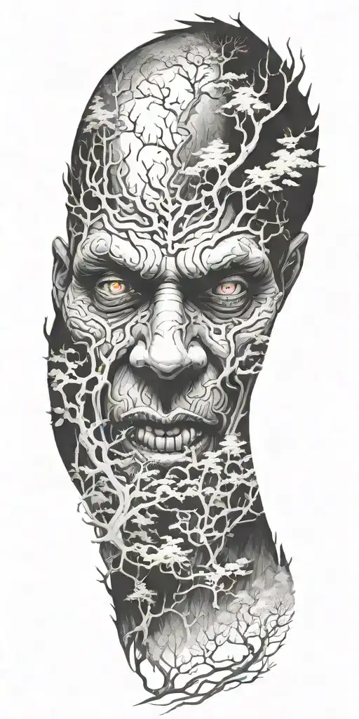 Foggy Forest With A Demon Hiding Facial Features