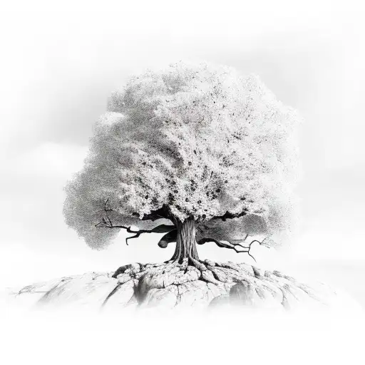 Robust Oak Tree Rooted In Rocky Terrain