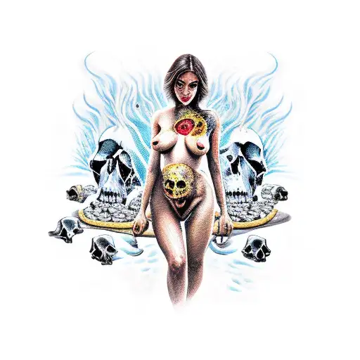 Nude Woman Surrounded By Skulls And Fire