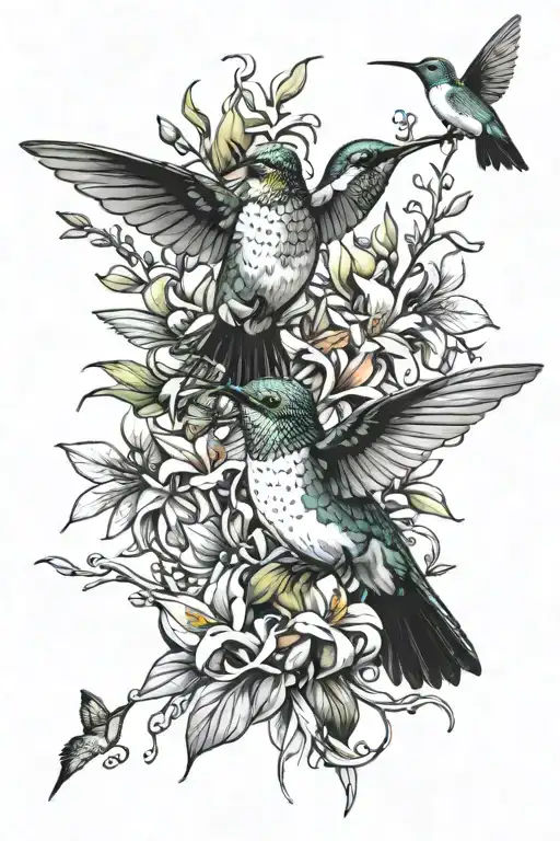 Humming Bird Feeding From Honeysuckle Flowers