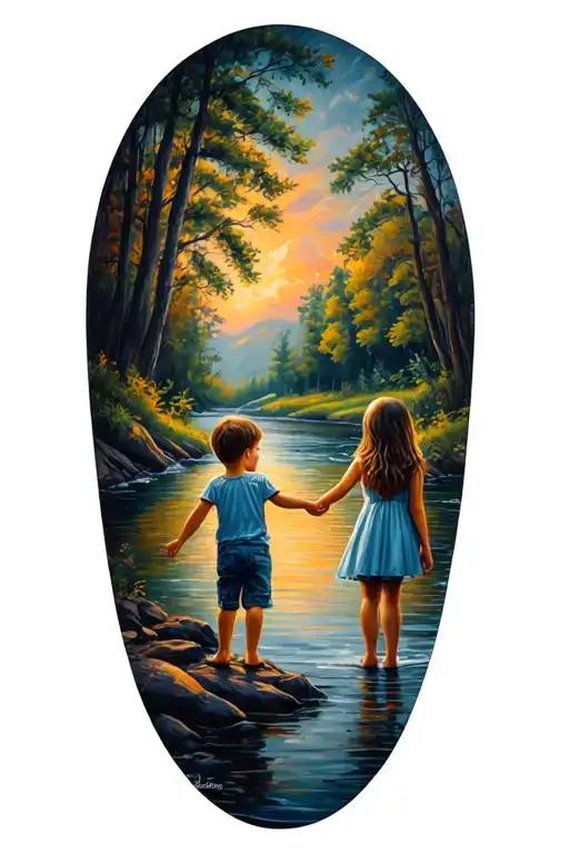 6 Year Old Sister Holding Hands With Her 10 Year Old Brother Next To A River