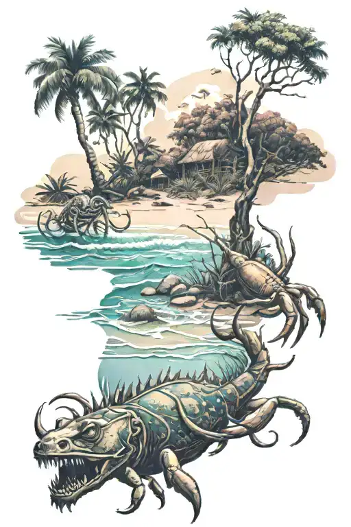 Ocean With Crabs On A Beach A Huntress Hunts A Lion In The Forest