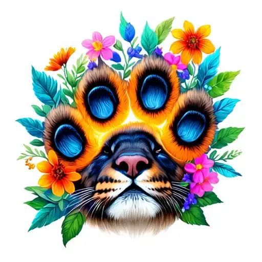 Neon Mountain Lion Paw Print With Flowers