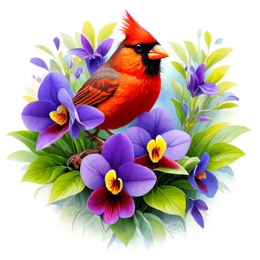 Cardinal Perched On A Bed Of African Violets One Water