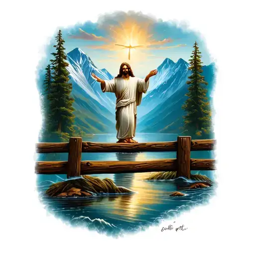 Jesus In The Moutains With Wooden Fence And Water