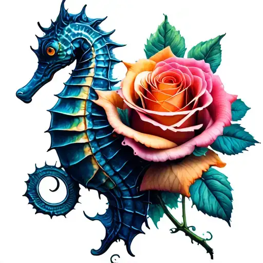 Seahorse Wrapped Around Rose Intertwined