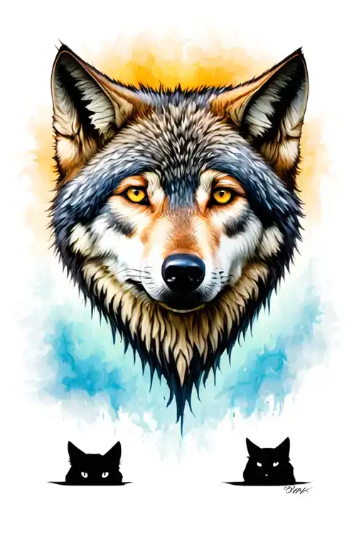 A Wolf's Head From The Front With Two Cat Shadows Below