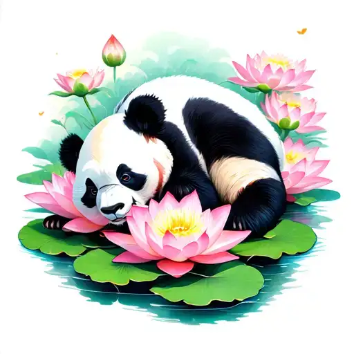 Panda Laying Over Lotus Flower Large