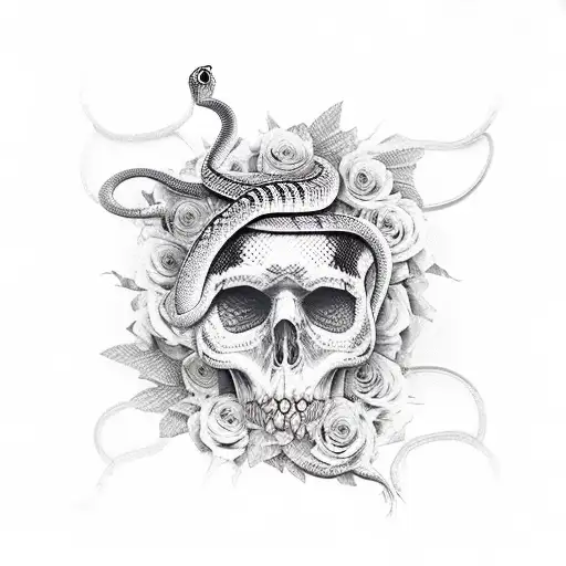 Snake Wrapped On A Dagger And Surrounded With Flowers And Small Skulls