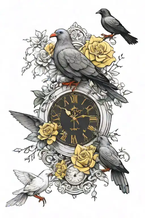 Dove In Roses Next To Clock Face And Raven In Daffodils Next To Clock Too