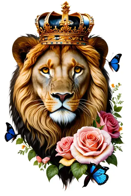Lion Wearing A Crown Surrounded By Roses And Butterflies