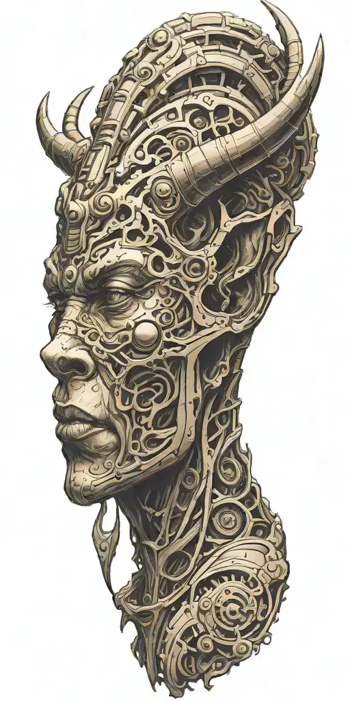 Minotaur Head Above Female Alien Heads With Space As The Background