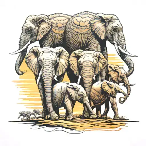 5 Elephants Walking Togther With Sun Setting