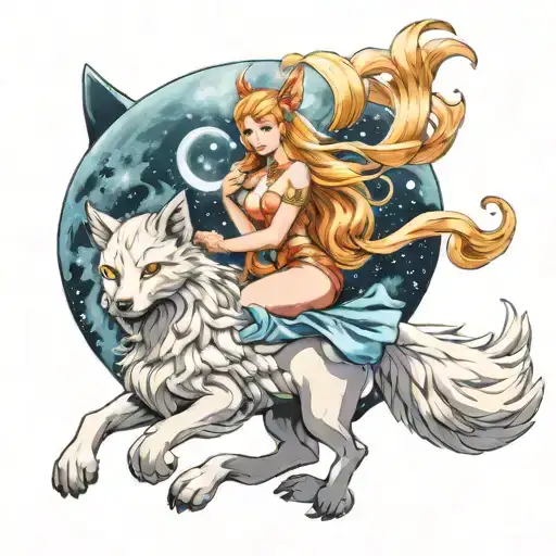 Sexy Fairy Riding A Ninetails Fox With Moon