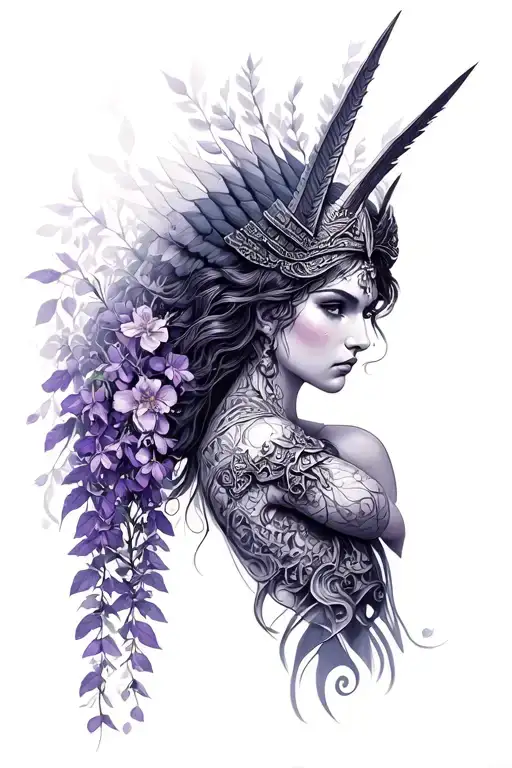 Valkyrie With Dark Lines And Wisteria Flowers