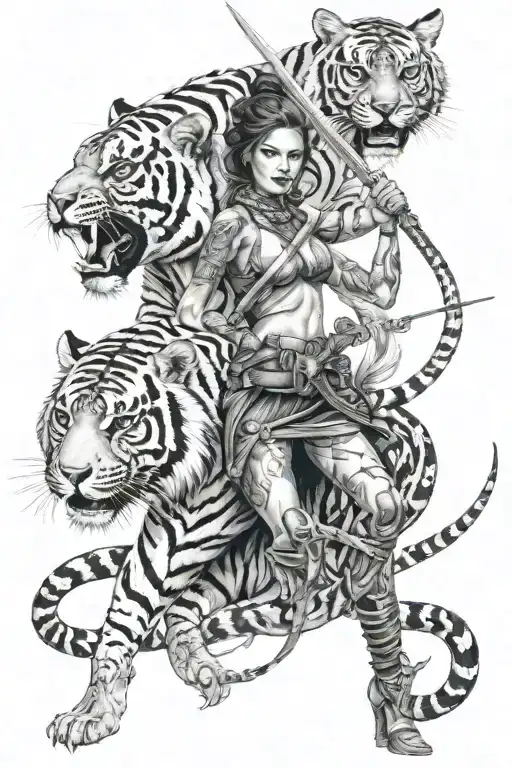 A Fierce Woman Warrior Witha Sword With Two Tigers Helping Her Fight A Gigantic Snake