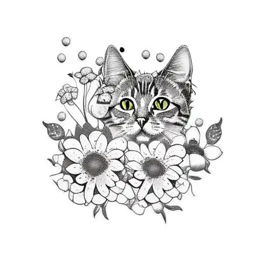 A Dotwork Tattoo Of A Cat And Dog Surrounded By Blooming Flowers
