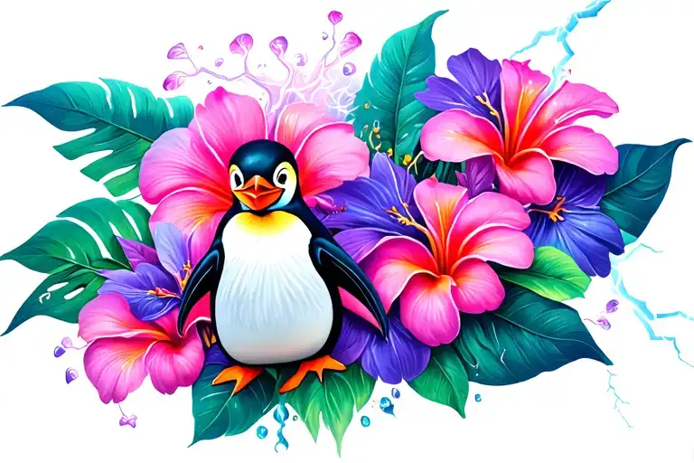 A Pink And Purple Hawaiian Flower With A Penguin And A Lightning Storm