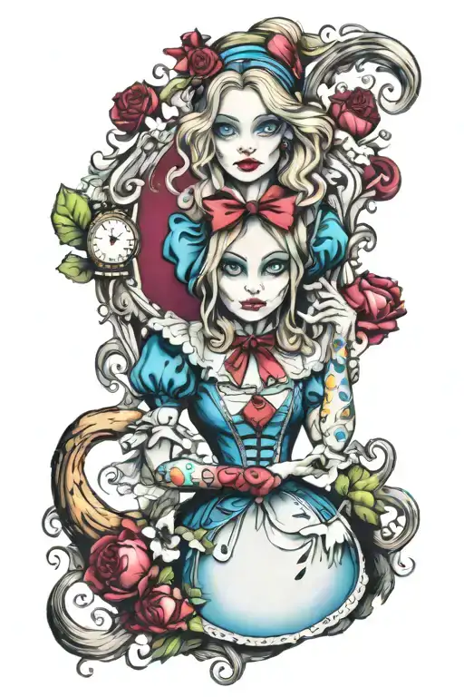Gothic Sexy Alice In Wonderland Sleeve Tattoo With Colour