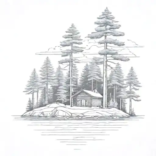 Island With Pine Tree Surrounding A Simple Cabin