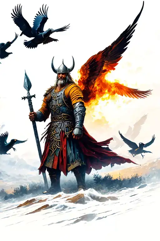 Old Viking Warrior With Valkyries Silhouettes Flying