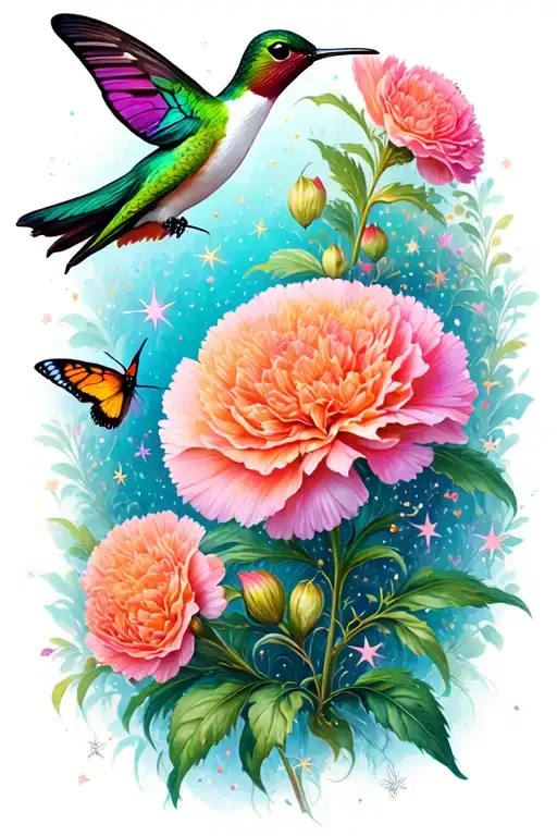Carnation Flower Hummingbird Butterflies Stars