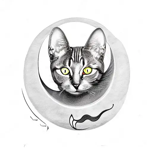 A Black-grey Tattoo Of A Cat Sitting On A Crescent Moon With Musical Notes Floating Around