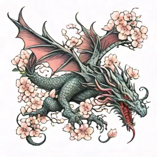 Dragon Mixed With Phoenix With Cherry Blossoms