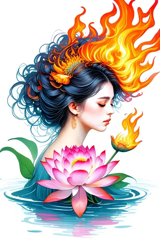 Young Beautiful Woman Holding Flaming Lotus Flower