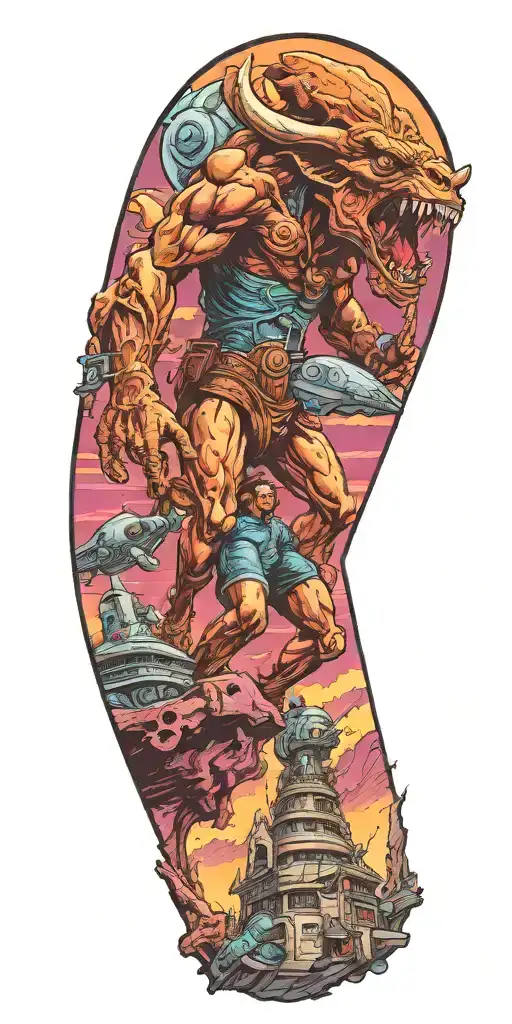 Minotaur Yelling Over Crashed Alien Spaceship That He Is Standing Atop Of In Victory