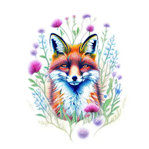 Full Body Fox With Wildflowers And Mushrooms Growing Out Of The Fox