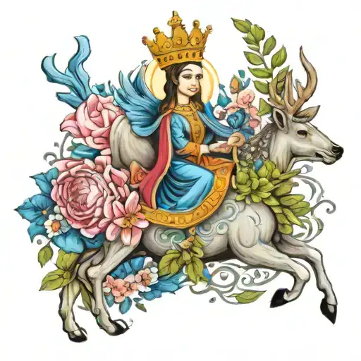 Virgen Riding A Blue Dear With A Crown Of Flowers