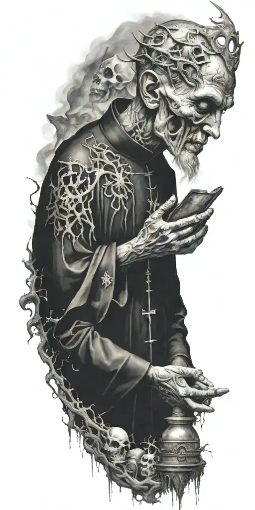 A Haunting Image Of A Priest Communing With Demonic Entities In A Ritualistic Setting