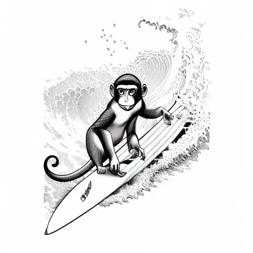 Surfing Monkey With Cap Surroundet By Waves