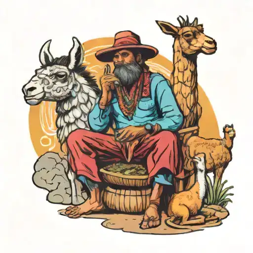 Andean Man Coking Accompanied By A Crying Llama Animal Forming The Theater Symbol