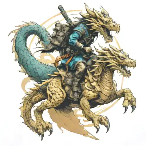 A Futuristic Samurai Riding A Dragon Through A Post-apocalyptic Wasteland