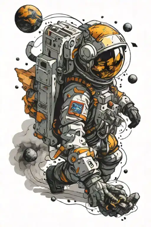 Drifting Astronaut With Broken Helmet Surrounded By Blown Up Planet Chunks