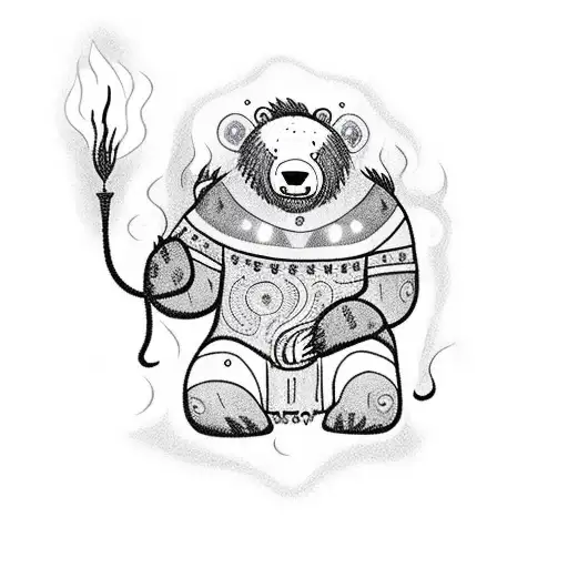 Shaman Warrior Sitting Behind Fire With Magic Coming From His Hands And A Big Bear Over His Shoulder