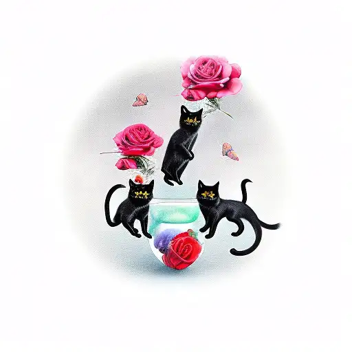 Three Black Cats With Snapdragon And Rose