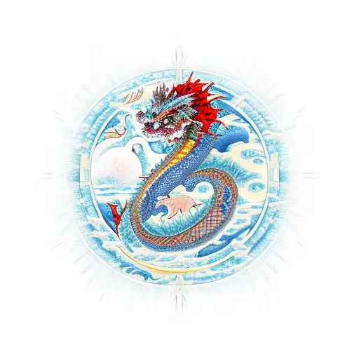 Japanese Dragon With New Zealand Native Flowers And Sun And Moon And Mountain