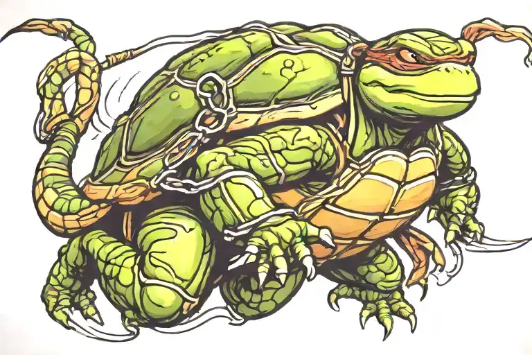 A Stylized Blackwork Tattoo Of A Teenage Mutant Ninja Turtle In A Dynamic Action Pose