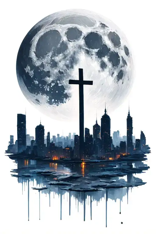 Full Moon Hyper Realistic Portrait With Cross On The Skyline