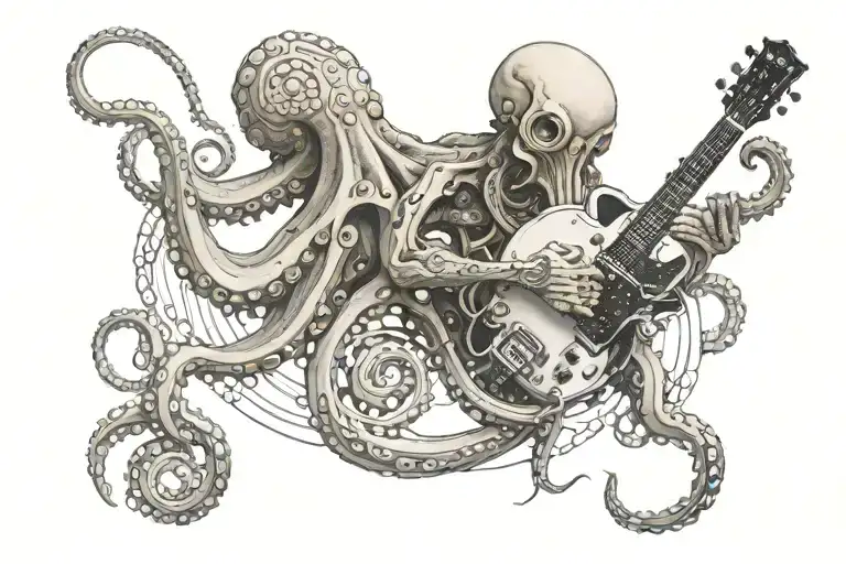 A Mechanical Octopus Playing A Guitar In A Wide Open Space