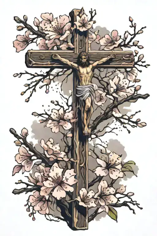 Cherry Blossom Branch With Jesus On The Christian Cross As Branch With Some Of The Blossoms Falling