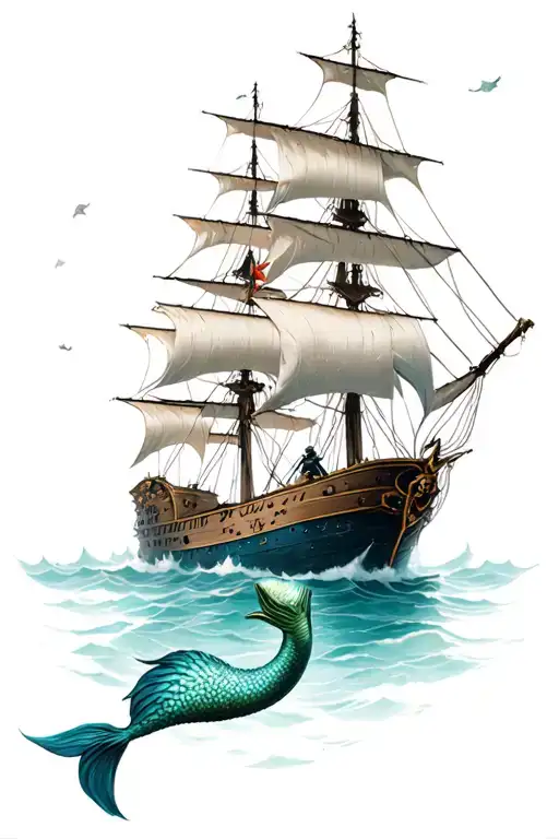 Mermaid Pirate Looking At Ship