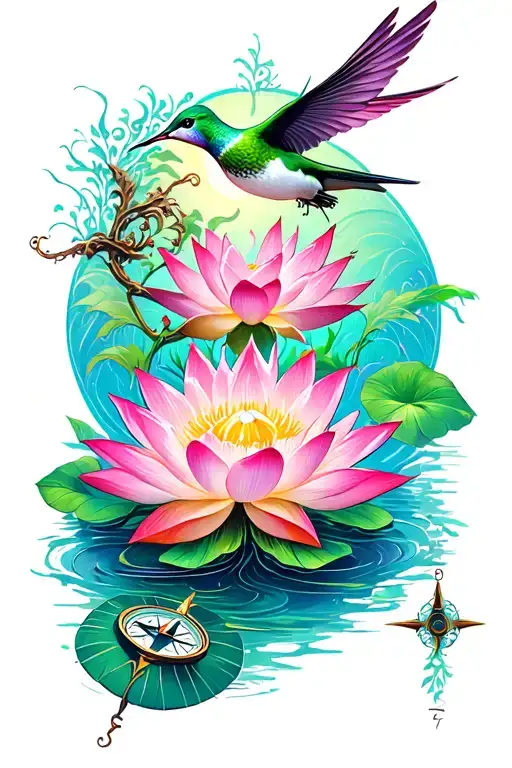 Lotus Flower With Humming Bird Flying And A Compass