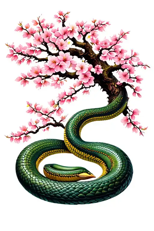 Cherry Blossom Tree With Ouroboros Snake
